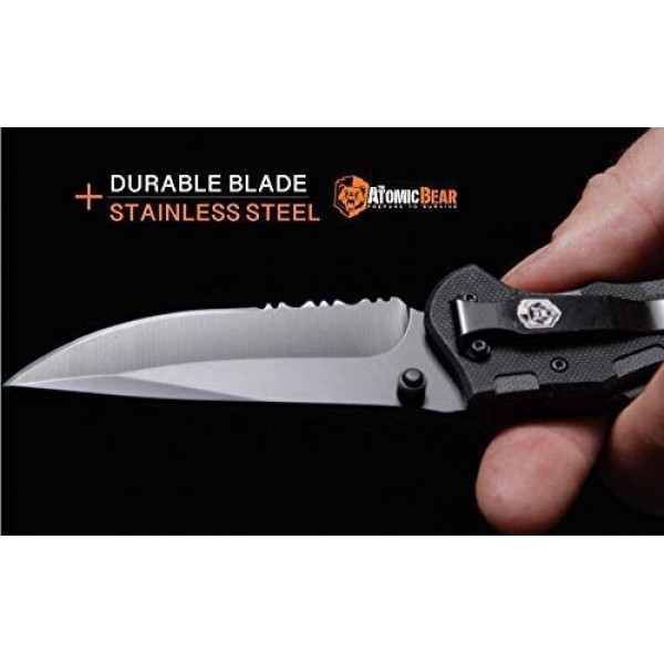 The Atomic Bear Folding Knife with Half Serrated Stainless Steel B...