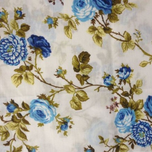 Floral Rose Blue Poly Cotton 60 Inch Fabric By the Yard F.E.