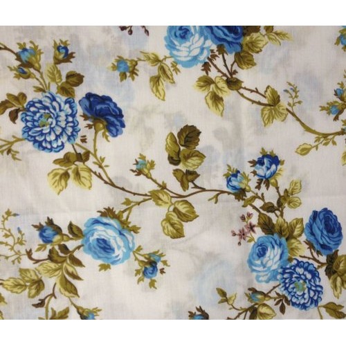 Floral Rose Blue Poly Cotton 60 Inch Fabric By the Yard F.E.