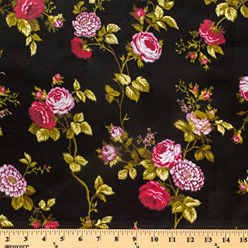 Floral Rose Poly Cotton 60 Inch Black