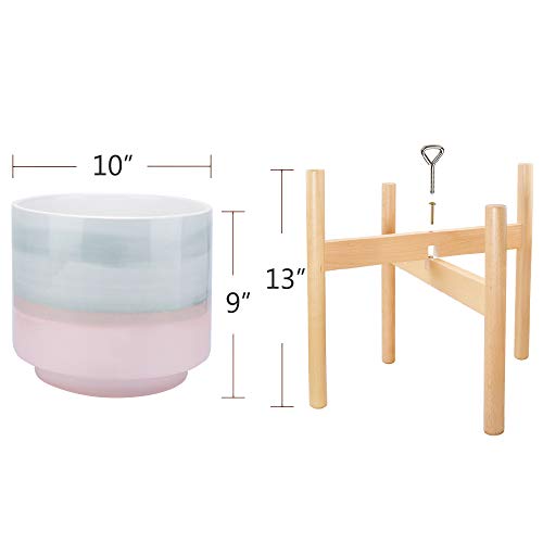 10” Plant Pot and Wood Plant Stand Indoor, Mid Century Modern Larg...