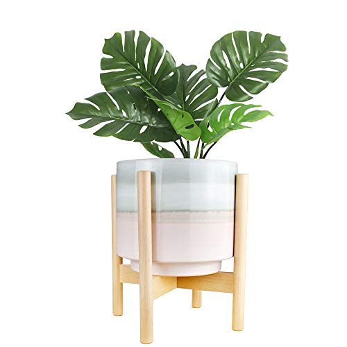 10” Plant Pot and Wood Plant Stand Indoor, Mid Century Modern Larg...