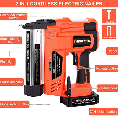 20V 18 Gauge Cordless Brad Nailer, Battery Powered Nail , 2 in ...