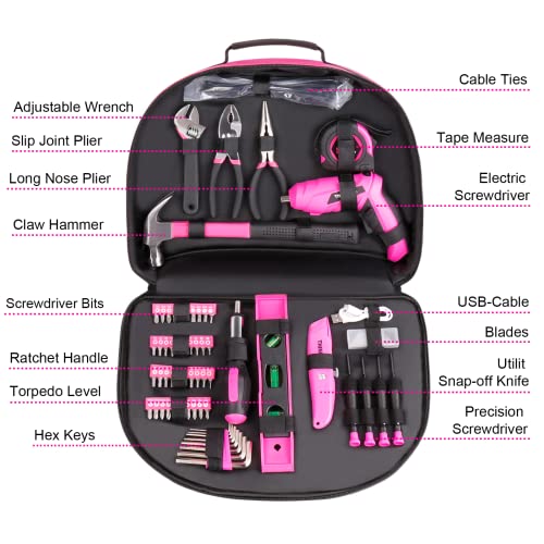 THINKWORK 122-Piece Pink Tool Set with 3.6V Rotatable Electric Scr...