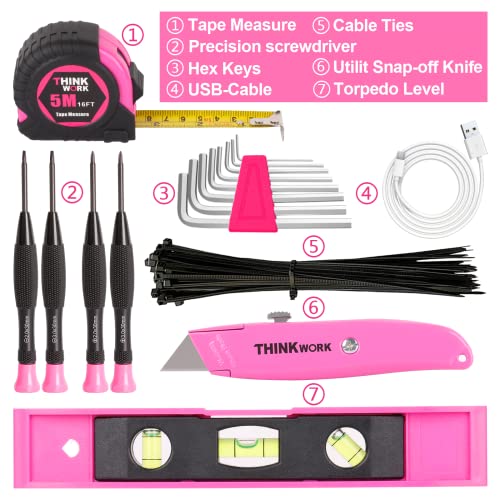 THINKWORK 122-Piece Pink Tool Set with 3.6V Rotatable Electric Scr...