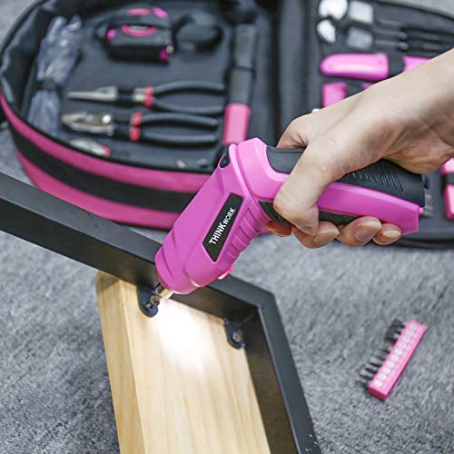 THINKWORK 122-Piece Pink Tool Set with 3.6V Rotatable Electric Scr...