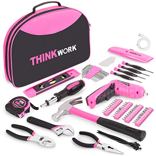 THINKWORK 122-Piece Pink Tool Set with 3.6V Rotatable Electric Scr...