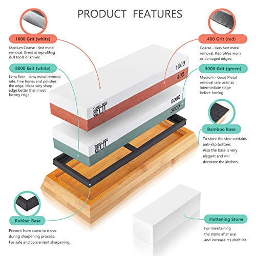 Knife Sharpening Stone Set Whetstone Kit 4 Grit 400/1000 3000/8000...