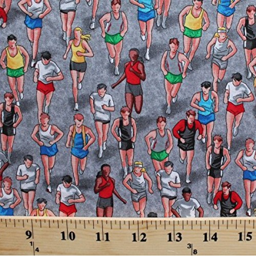 Cotton Runners Running People Active Sport Grey Cotton Fabric Prin...