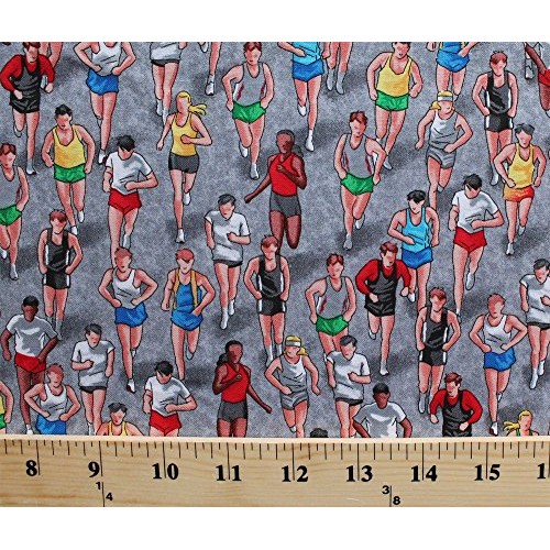 Cotton Runners Running People Active Sport Grey Cotton Fabric Prin...