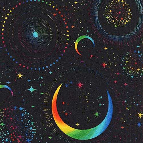 Rainbow, Moon, Stars, Black Background, Novelty, Timeless Treasure...