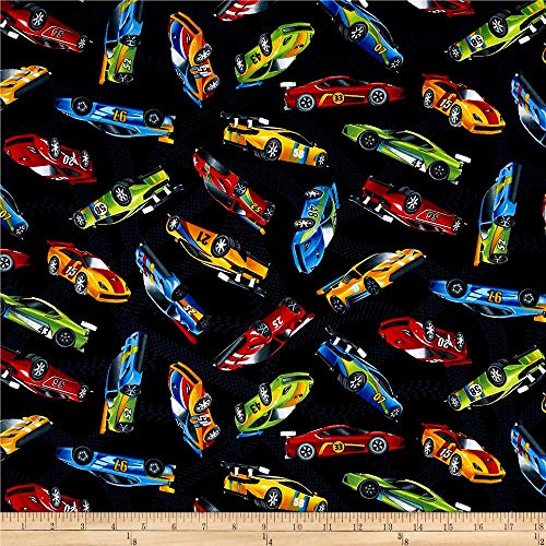 Timeless Treasures Black Race Cars Fabric by The Yard