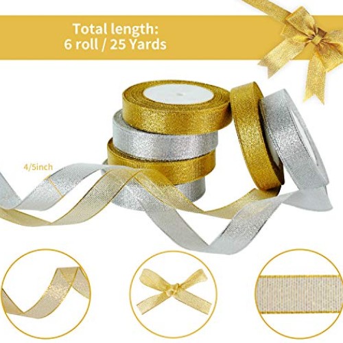 6 Rolls 4/5Inch Width Gold Silver Metallic Glitter Ribbons Sparkly...