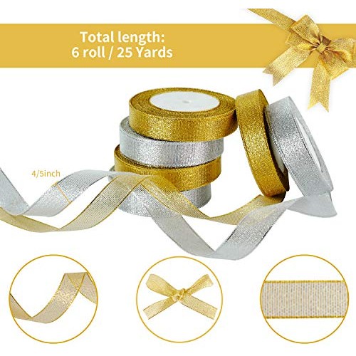 6 Rolls 4/5Inch Width Gold Silver Metallic Glitter Ribbons Sparkly...