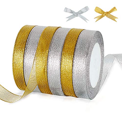 6 Rolls 4/5Inch Width Gold Silver Metallic Glitter Ribbons Sparkly...