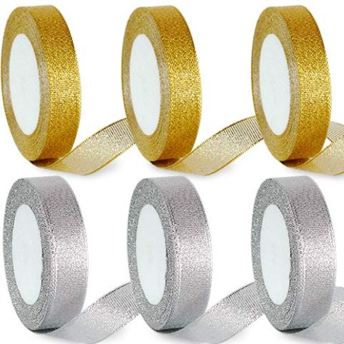 6 Rolls 4/5Inch Width Gold Silver Metallic Glitter Ribbons Sparkly...