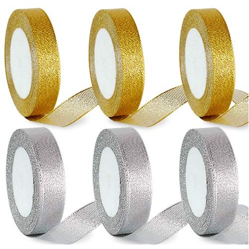 6 Rolls 4/5Inch Width Gold Silver Metallic Glitter Ribbons Sparkly...