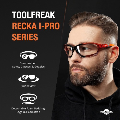ToolFreak Recka Safety Glasses and Goggles Combo, Rated to ANSI z87.1-2015, Accessories Included
