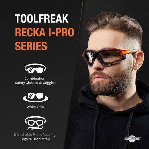ToolFreak Recka Safety Glasses and Goggles Combo, Rated to ANSI z87.1-2015, Accessories Included