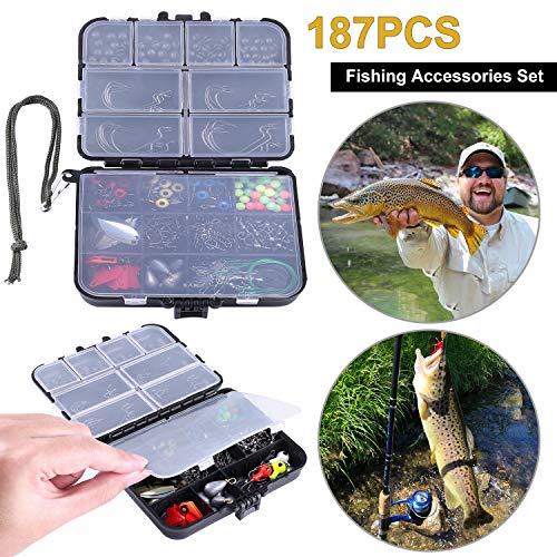 TOPFORT 187pcs Fishing Accessories Kit, Including Jig Hooks, Bulle...