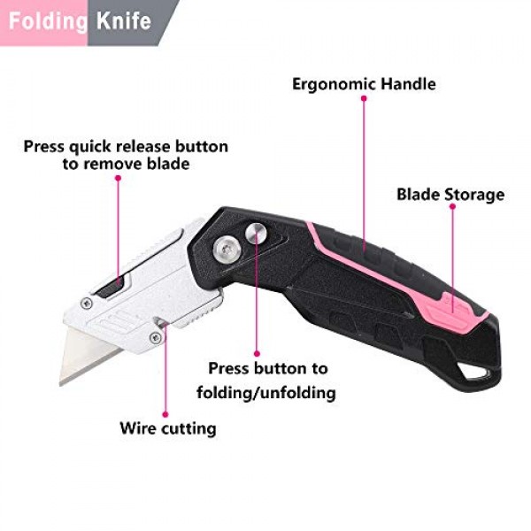 TOPLINE 2-Pack Pink Utility Knife Set, Retractable Pink Box Cutter and  Pocket Folding Utility Knife, Blade Storage Design, 18-Piece SK5 Blades and  a