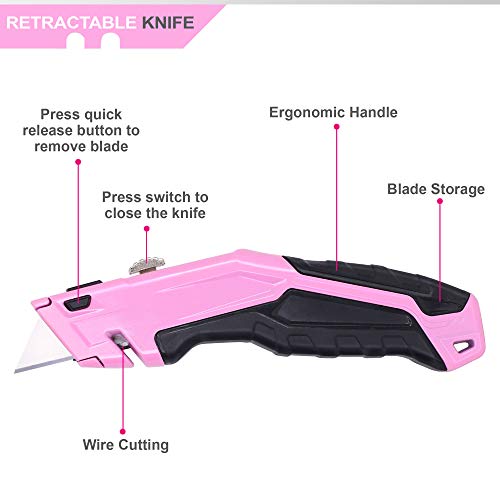 TOPLINE Pink Retractable Utility Knife, Retractable Pink Box Cutte...