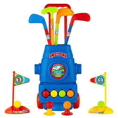 Toyvelt Kids Golf Club Set Golf Cart With Wheels, 4 Colorful Golf ...
