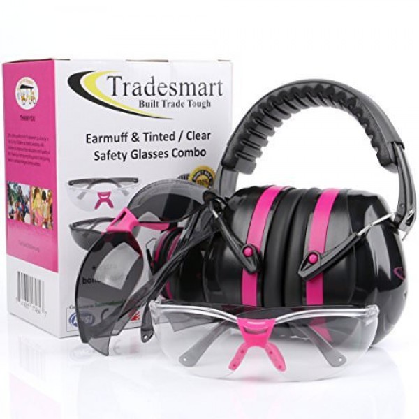 TRADESMART Pink Ear Muffs & Clear/Tinted Gun Safety Glasses UV400 Anti Fog 