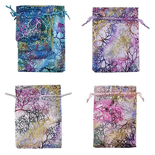Tvoip 100Pcs Coral Pattern Organza Drawstring Pouches Jewelry Pack...