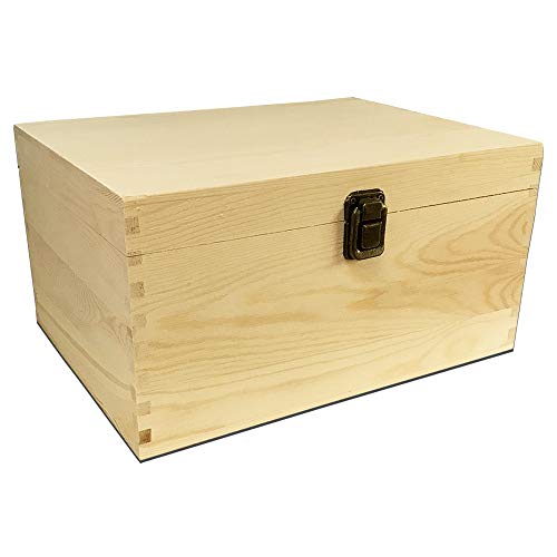 Large Unfinished Wood Box with Hinged Lid and Front Clasp for Arts...