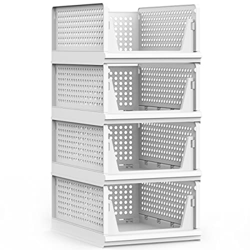 UAK 4 Pack Stackable Plastic Storage Basket for Closet Wardrobe Or...