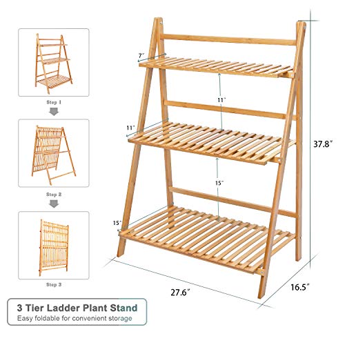 Ufine Bamboo Ladder Plant Stand 3 Tier Foldable Flower Pot Display...
