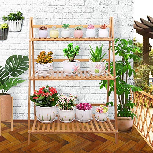 Ufine Bamboo Ladder Plant Stand 3 Tier Foldable Flower Pot Display...