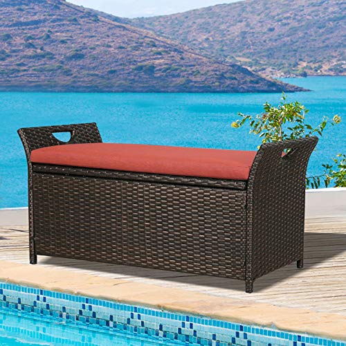 Ulax Furniture Outdoor Storage Bench Rattan Style Deck Box w/Cushion