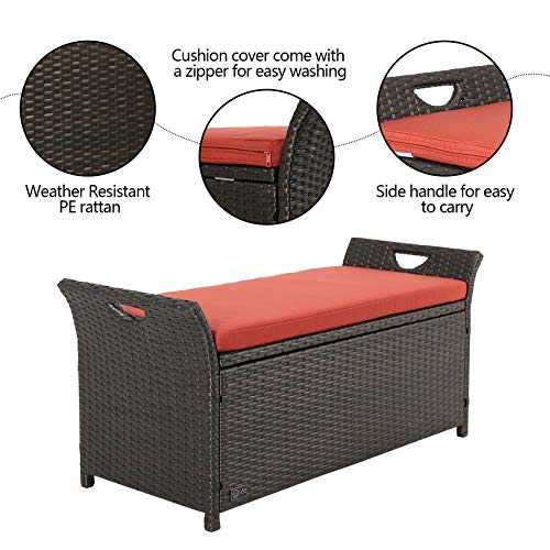 Ulax Furniture Outdoor Storage Bench Rattan Style Deck Box w/Cushion