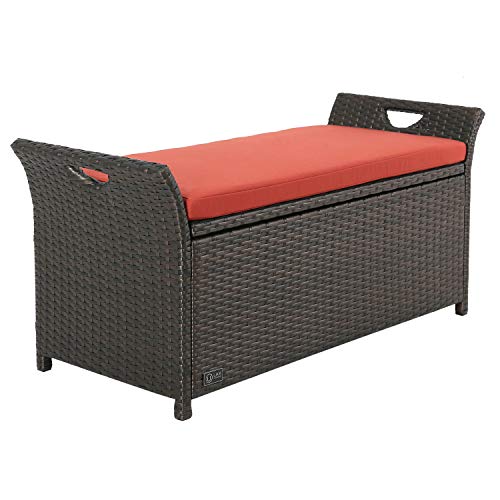 Ulax Furniture Outdoor Storage Bench Rattan Style Deck Box w/Cushion