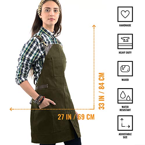 Under NY Sky Cargo Green Apron – Cross-Back with Leather Straps, H...