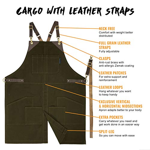 Under NY Sky Cargo Green Apron – Cross-Back with Leather Straps, H...