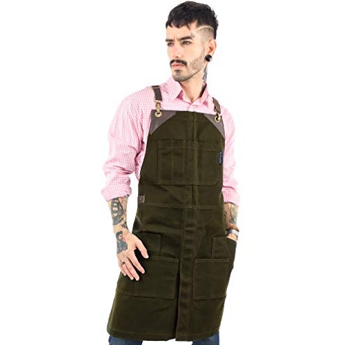 Under NY Sky Cargo Green Apron – Cross-Back with Leather Straps, H...