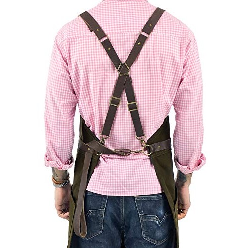 Under NY Sky Cargo Green Apron – Cross-Back with Leather Straps, H...