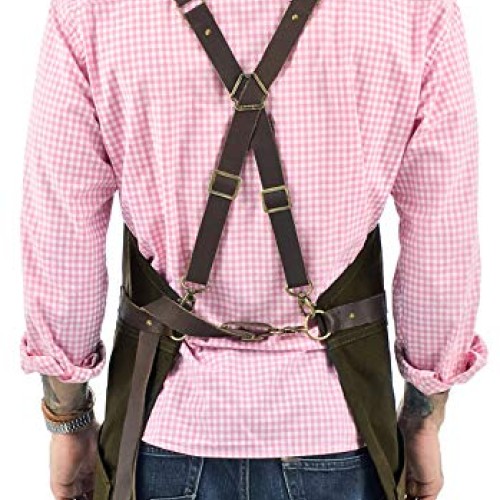 Under NY Sky Cargo Green Apron – Cross-Back with Leather Straps, H...