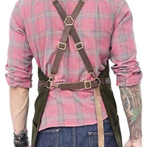 Under NY Sky Cargo Green Apron – Cross-Back with Leather Straps, H...