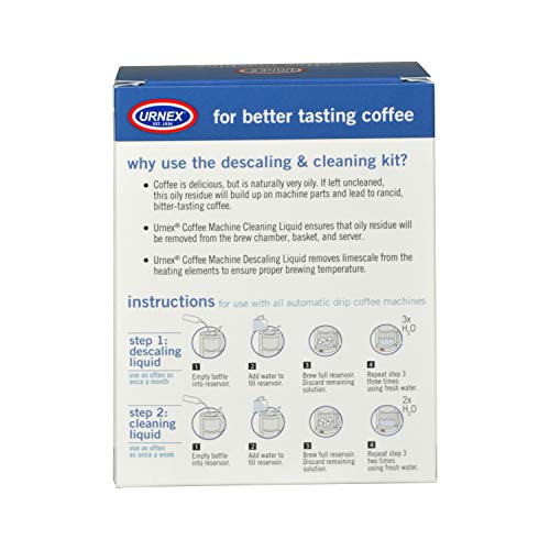 Urnex Coffee Maker Cleaner and Descaler Kit - 2 Single Use Bottles...