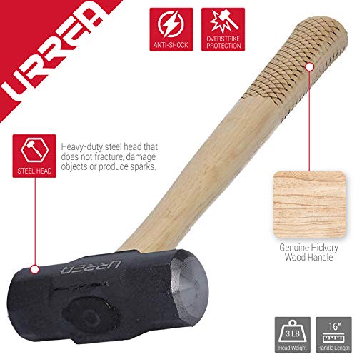 URREA Sledge Hammer - 3-Pound Steel Head Drilling Hammer with Forg...