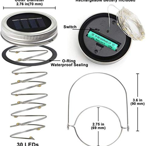 Urvoix Solar Mason Jar Lights - 8 Pack 30 Led String Waterproof Li...