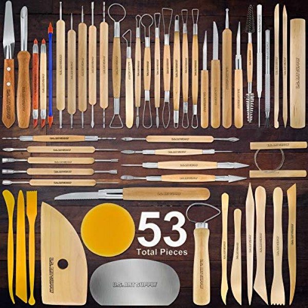 U.S. Art Supply 53 Piece Pottery & Clay Sculpting Tool Set with Ha...