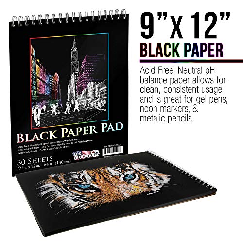 US Art Supply 9 in. x 12 in. Premium Black Heavyweight Paper Spira...
