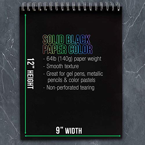 US Art Supply 9 in. x 12 in. Premium Black Heavyweight Paper Spira...