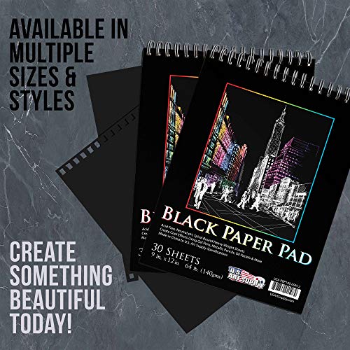 US Art Supply 9 in. x 12 in. Premium Black Heavyweight Paper Spira...