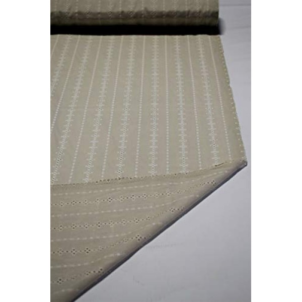 Natural Perforated Striped Embroidered 100% Cotton Fabric 55 Wide...